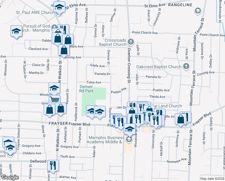 map of restaurants, bars, coffee shops, grocery stores, and more near 3510 Denver Street in Memphis