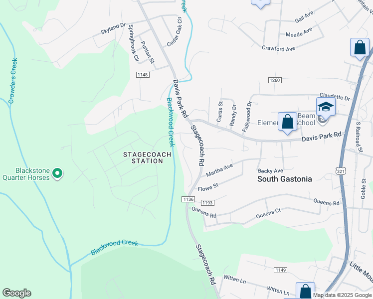 map of restaurants, bars, coffee shops, grocery stores, and more near 3304 Hunting Wood Court in Gastonia
