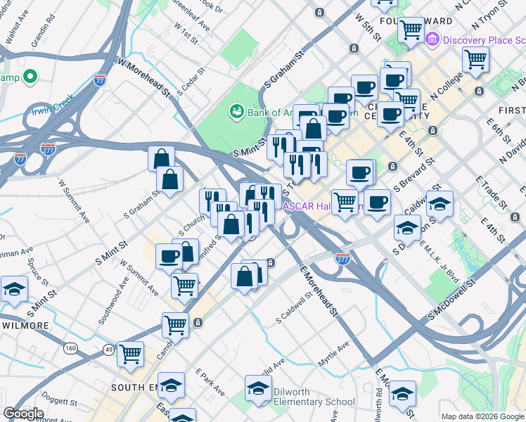 map of restaurants, bars, coffee shops, grocery stores, and more near 908s South Tryon Street in Charlotte