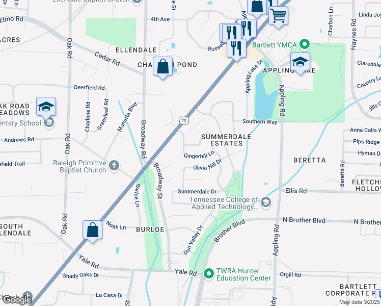 map of restaurants, bars, coffee shops, grocery stores, and more near 7430 Gingerhill Lane in Memphis