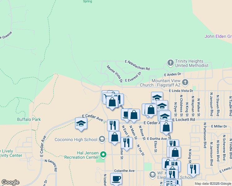 map of restaurants, bars, coffee shops, grocery stores, and more near 1305 East Dunroven Court in Flagstaff