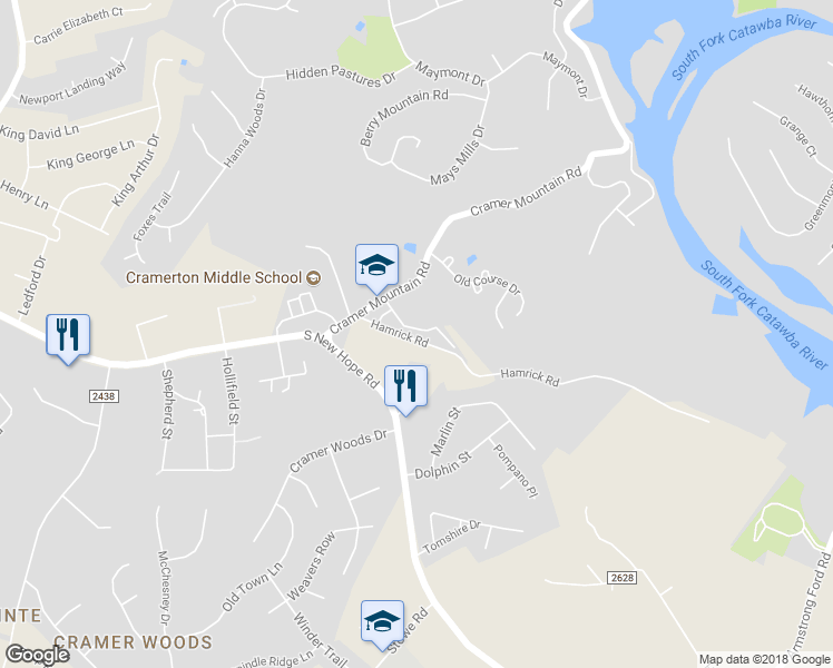 map of restaurants, bars, coffee shops, grocery stores, and more near 1134 Stuarts Landing Drive in Cramerton