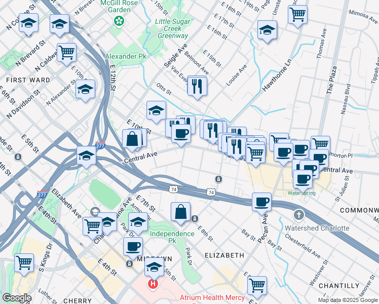 map of restaurants, bars, coffee shops, grocery stores, and more near 1000 Central Avenue in Charlotte