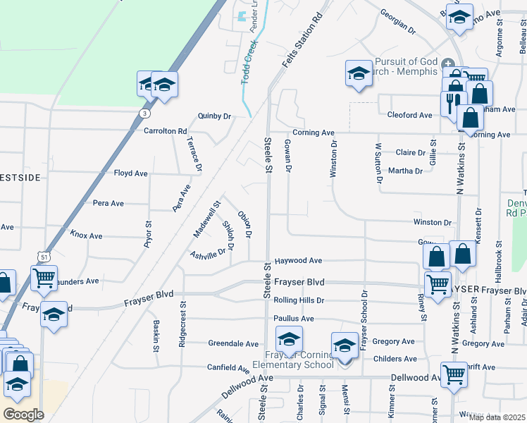 map of restaurants, bars, coffee shops, grocery stores, and more near 3507 Steele Street in Memphis