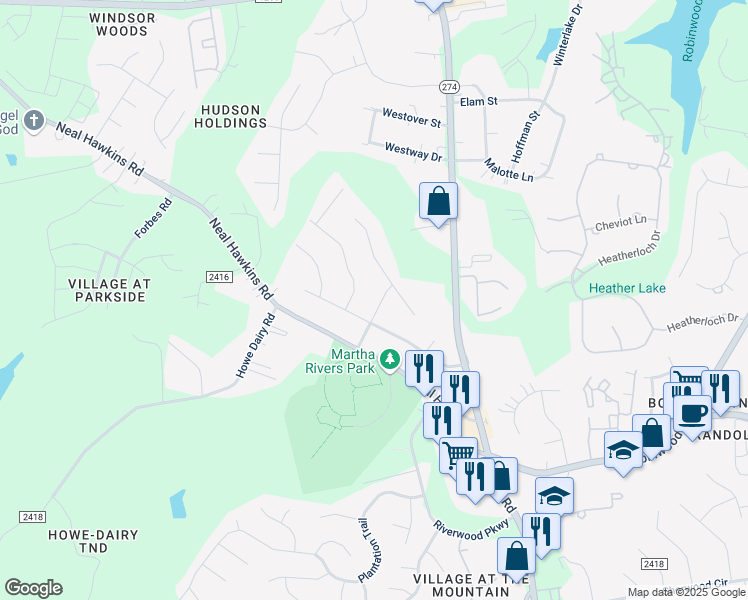 map of restaurants, bars, coffee shops, grocery stores, and more near 2817 Valleywood Drive in Gastonia