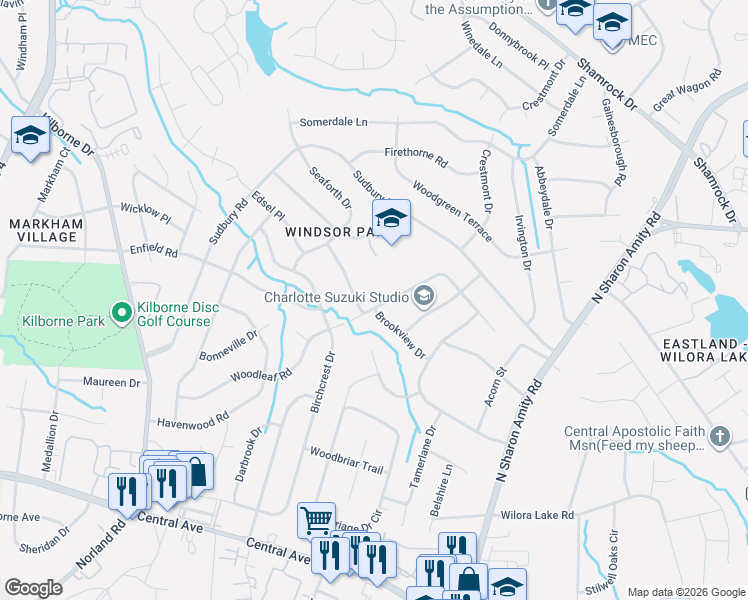 map of restaurants, bars, coffee shops, grocery stores, and more near 3821 Woodleaf Road in Charlotte