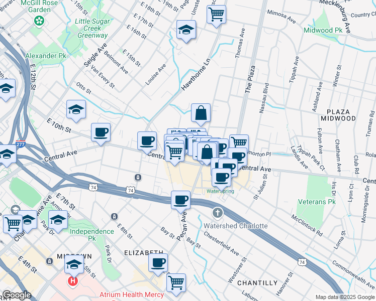 map of restaurants, bars, coffee shops, grocery stores, and more near 1418 Hamorton Place in Charlotte