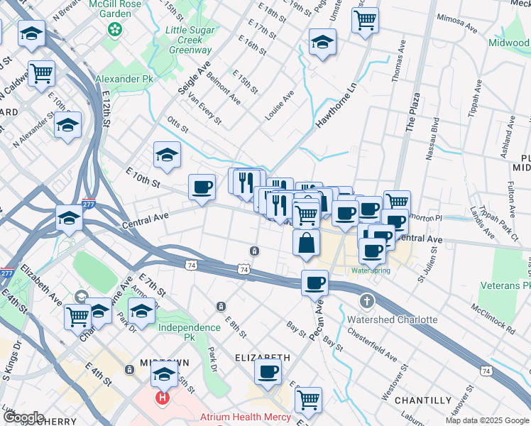 map of restaurants, bars, coffee shops, grocery stores, and more near in Charlotte