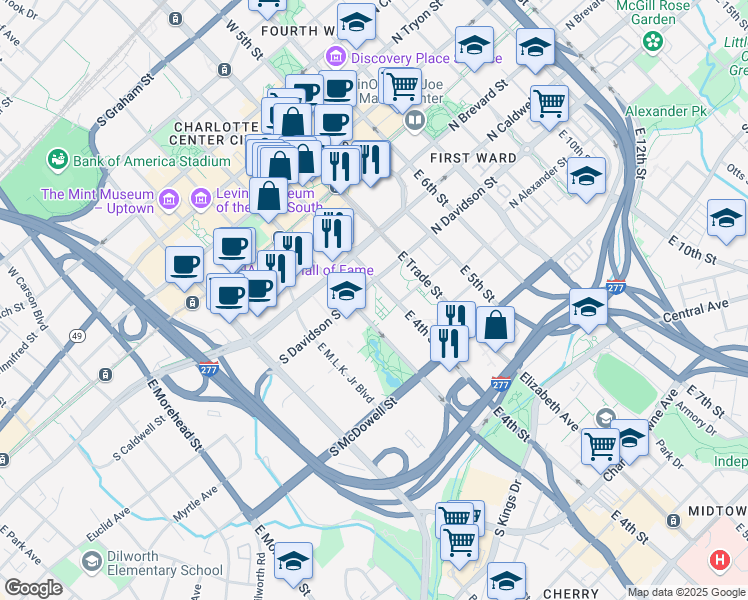 map of restaurants, bars, coffee shops, grocery stores, and more near in Charlotte