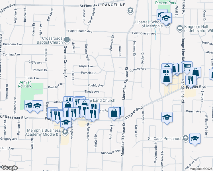 map of restaurants, bars, coffee shops, grocery stores, and more near 3513 Ardmore Street in Memphis