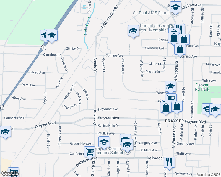 map of restaurants, bars, coffee shops, grocery stores, and more near 3506 Students Street in Memphis