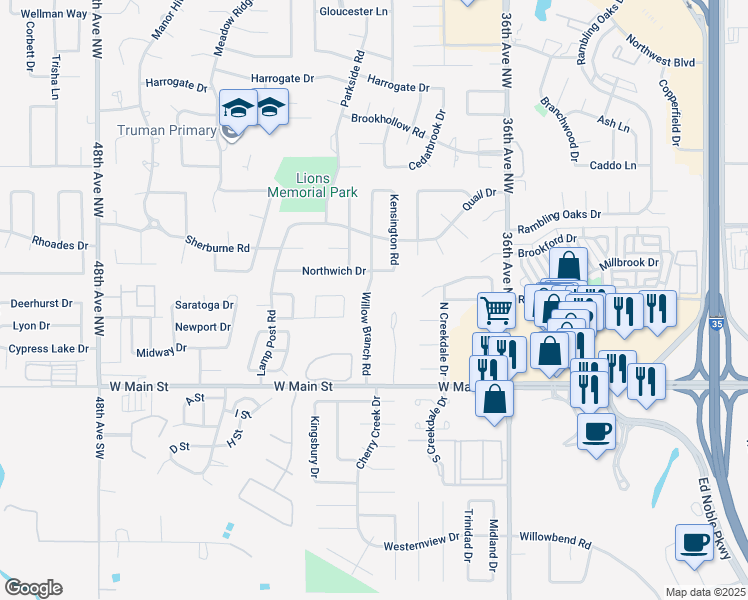 map of restaurants, bars, coffee shops, grocery stores, and more near 305 Willow Branch Road in Norman