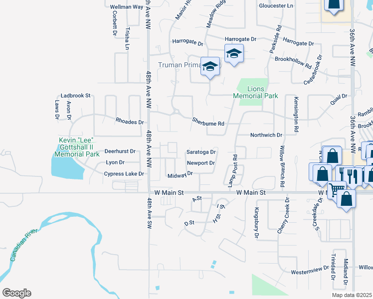 map of restaurants, bars, coffee shops, grocery stores, and more near 300 Hood Court in Norman