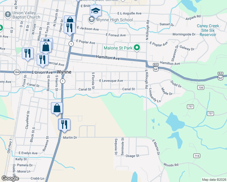 map of restaurants, bars, coffee shops, grocery stores, and more near 1203 Canal Street in Wynne