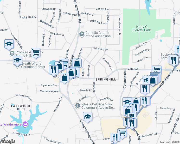map of restaurants, bars, coffee shops, grocery stores, and more near 3508 Naylor Drive in Memphis
