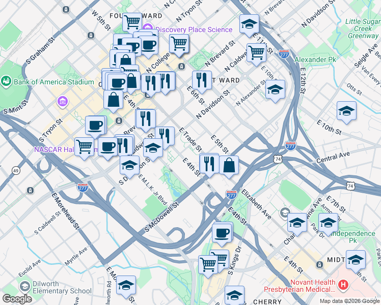 map of restaurants, bars, coffee shops, grocery stores, and more near 715 East 4th Street in Charlotte