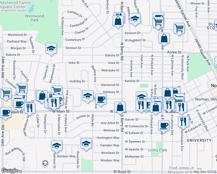 map of restaurants, bars, coffee shops, grocery stores, and more near 1312 Glenwood Street in Norman