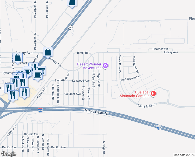 map of restaurants, bars, coffee shops, grocery stores, and more near 3359 Cypress Street in Kingman