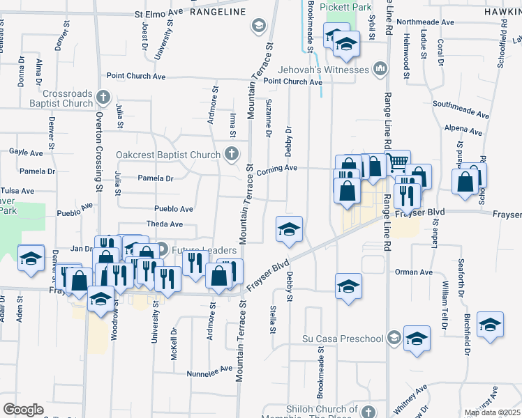 map of restaurants, bars, coffee shops, grocery stores, and more near 3505 Suzanne Drive in Memphis