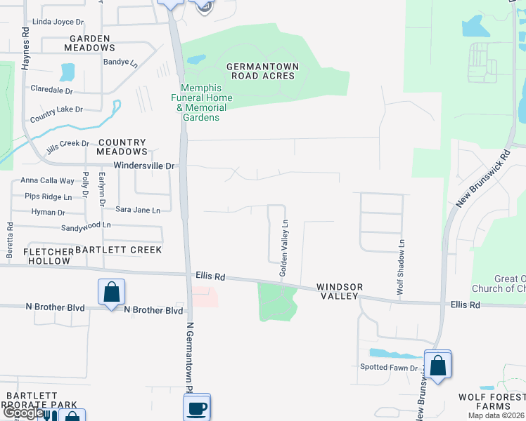 map of restaurants, bars, coffee shops, grocery stores, and more near 3511 Valley Chase Lane in Memphis