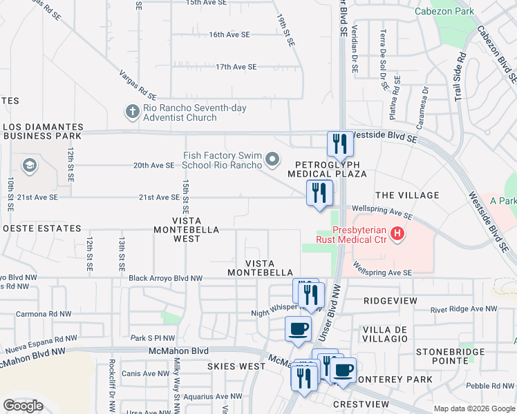 map of restaurants, bars, coffee shops, grocery stores, and more near 1728 21st Avenue Southeast in Rio Rancho