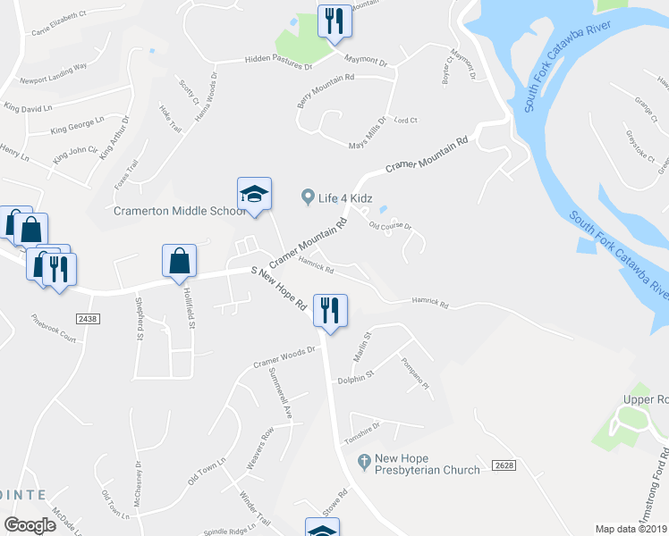 map of restaurants, bars, coffee shops, grocery stores, and more near 1130 Stuarts Landing Drive in Cramerton