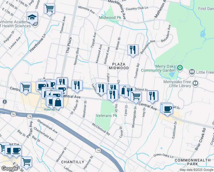 map of restaurants, bars, coffee shops, grocery stores, and more near 1631 Fulton Avenue in Charlotte