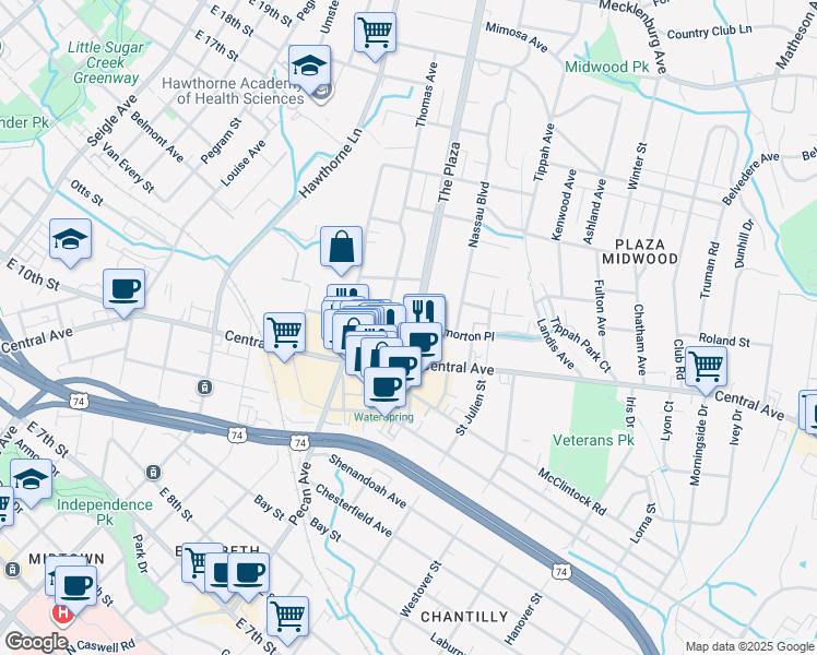 map of restaurants, bars, coffee shops, grocery stores, and more near 1331 The Plaza in Charlotte
