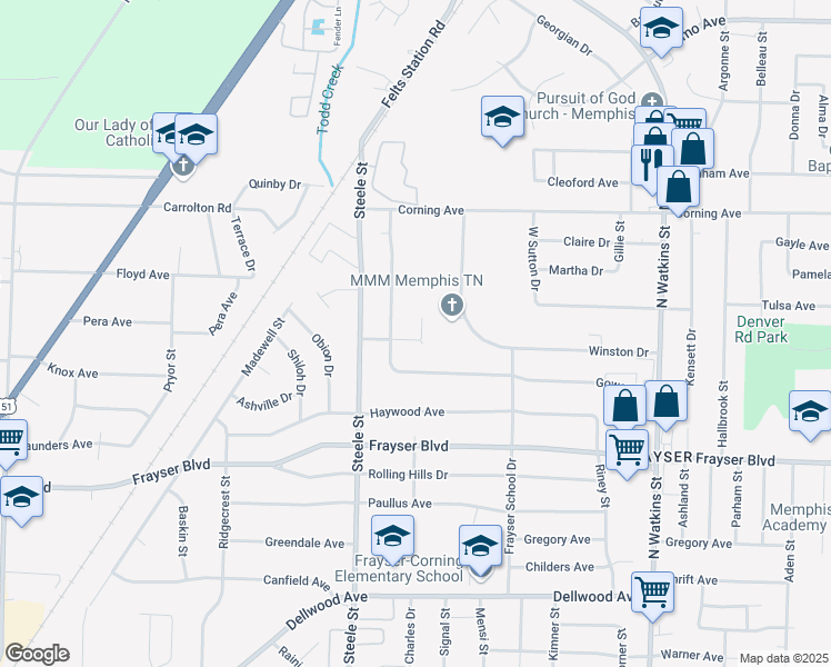 map of restaurants, bars, coffee shops, grocery stores, and more near 3506 Students Street in Memphis