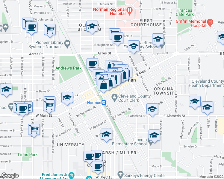 map of restaurants, bars, coffee shops, grocery stores, and more near 200 East Main Street in Norman