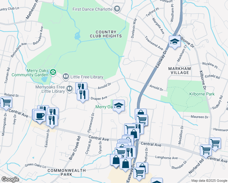 map of restaurants, bars, coffee shops, grocery stores, and more near 3505 Draper Avenue in Charlotte