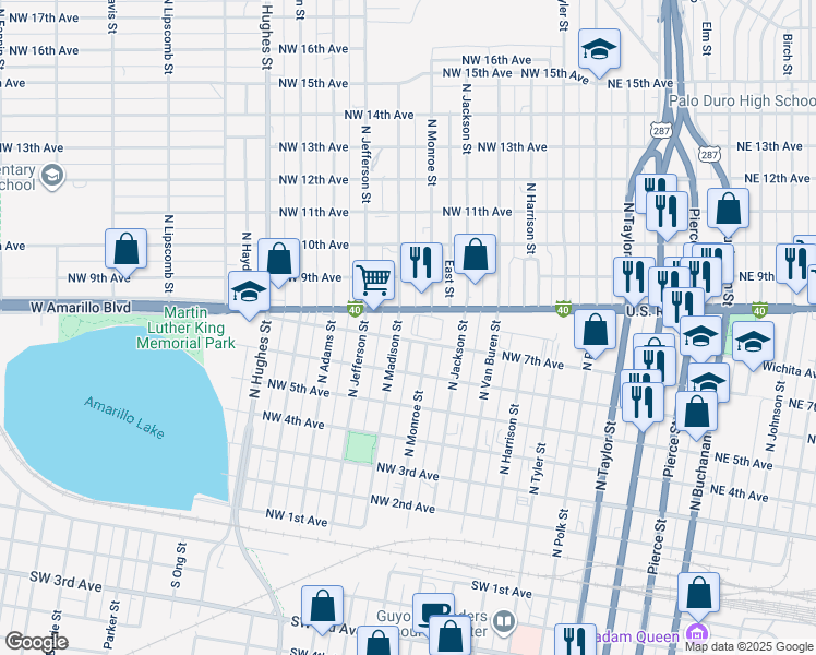map of restaurants, bars, coffee shops, grocery stores, and more near 601 West Amarillo Boulevard in Amarillo