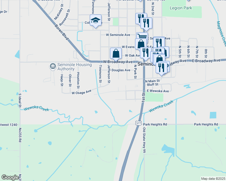 map of restaurants, bars, coffee shops, grocery stores, and more near 402 West Wewoka Avenue in Seminole