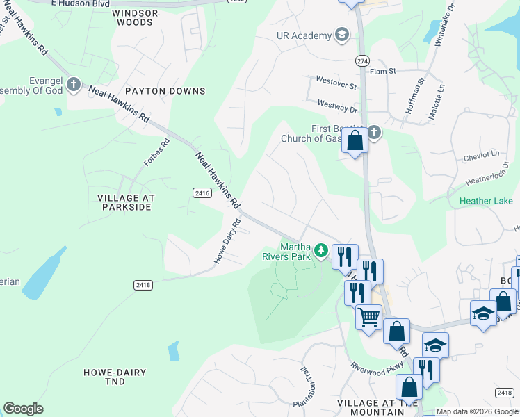 map of restaurants, bars, coffee shops, grocery stores, and more near 1309 Rivermont Drive in Gastonia