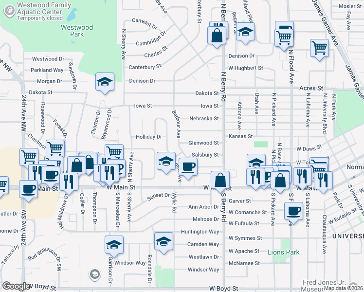 map of restaurants, bars, coffee shops, grocery stores, and more near 241 Barbour Avenue in Norman