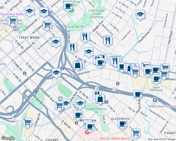 map of restaurants, bars, coffee shops, grocery stores, and more near 801 Central Avenue in Charlotte