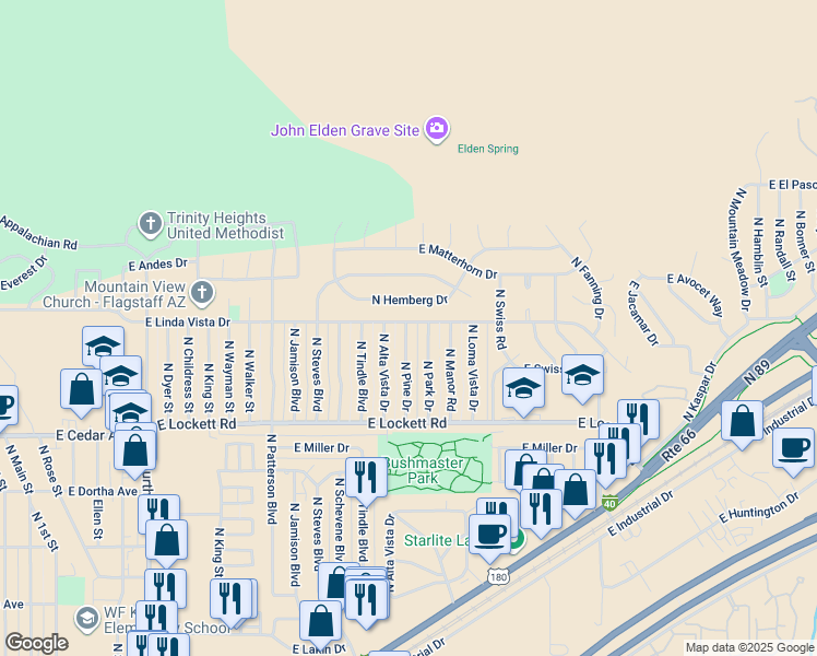 map of restaurants, bars, coffee shops, grocery stores, and more near 3766 North Pine Drive in Flagstaff