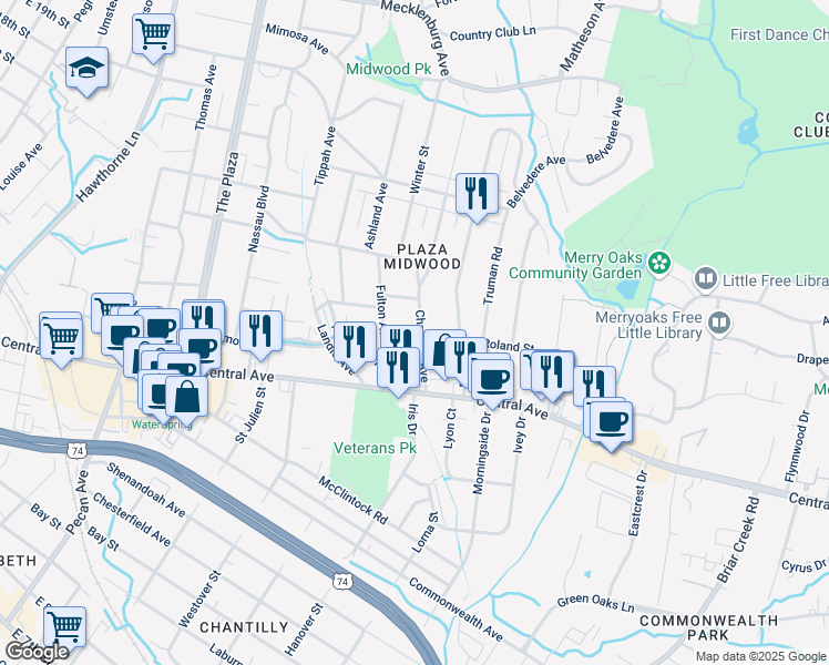 map of restaurants, bars, coffee shops, grocery stores, and more near 1701 Chatham Avenue in Charlotte