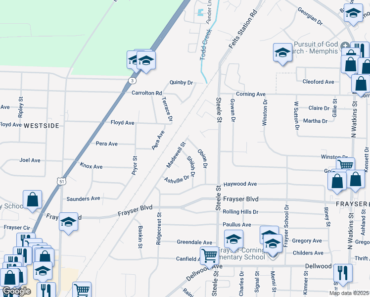map of restaurants, bars, coffee shops, grocery stores, and more near 3504 Shiloh Drive in Memphis