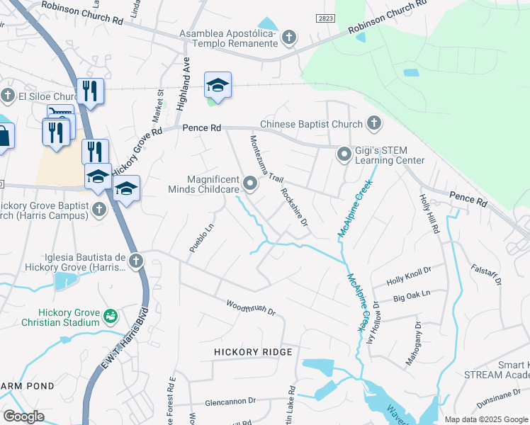 map of restaurants, bars, coffee shops, grocery stores, and more near 6506 Santa Cruz Trail in Charlotte