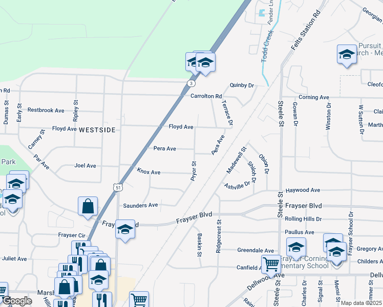 map of restaurants, bars, coffee shops, grocery stores, and more near 1241 Pera Avenue in Memphis
