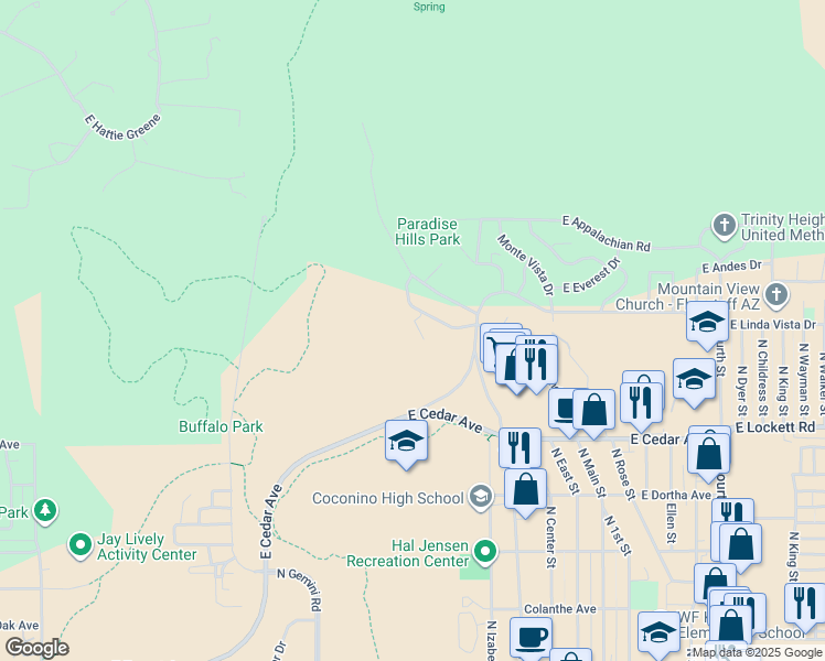 map of restaurants, bars, coffee shops, grocery stores, and more near 1015 East Hillcrest Drive in Flagstaff