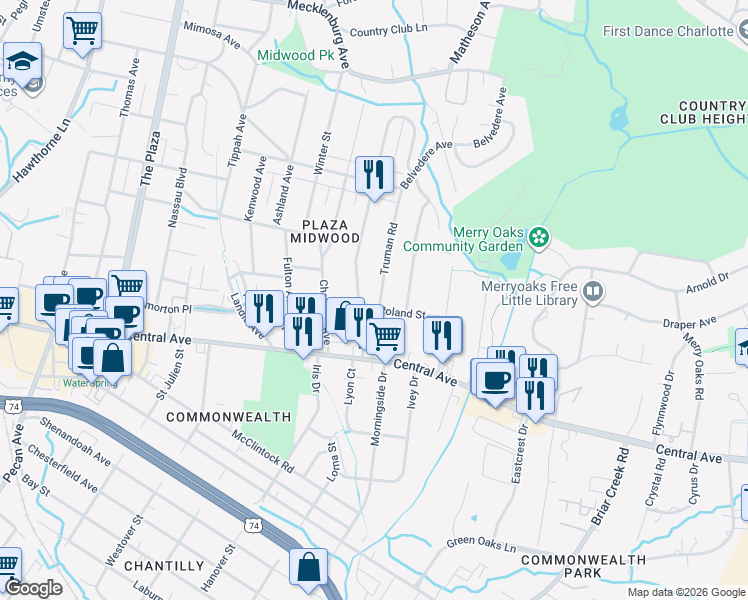 map of restaurants, bars, coffee shops, grocery stores, and more near 1705 Truman Road in Charlotte