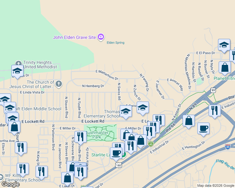 map of restaurants, bars, coffee shops, grocery stores, and more near 3809 North Swiss Road in Flagstaff