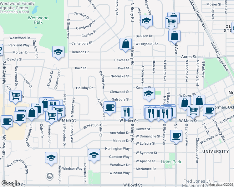 map of restaurants, bars, coffee shops, grocery stores, and more near 1312 Glenwood Street in Norman