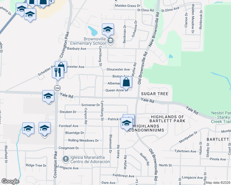 map of restaurants, bars, coffee shops, grocery stores, and more near 5317 Queen Anne Drive in Memphis