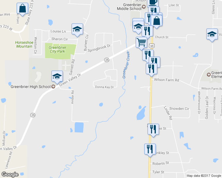 map of restaurants, bars, coffee shops, grocery stores, and more near 116 Donna Kay Drive in Greenbrier