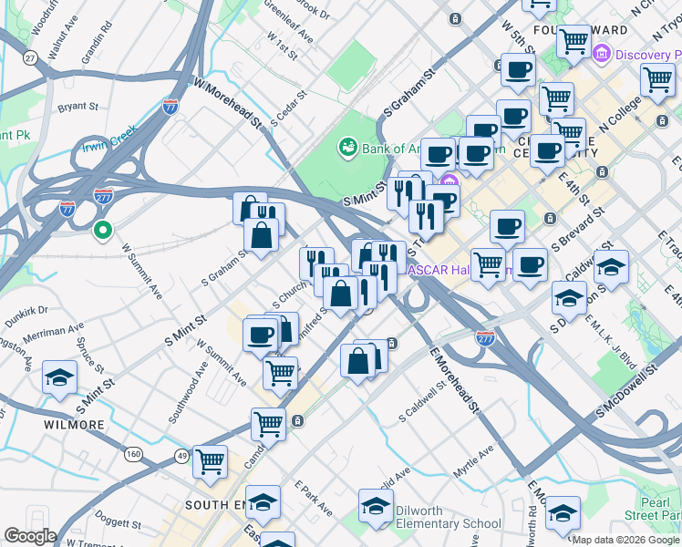 map of restaurants, bars, coffee shops, grocery stores, and more near 135 West Morehead Street in Charlotte