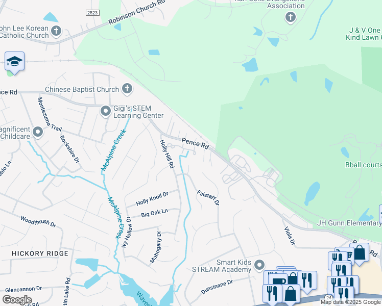 map of restaurants, bars, coffee shops, grocery stores, and more near 7620 Holly Grove Court in Charlotte