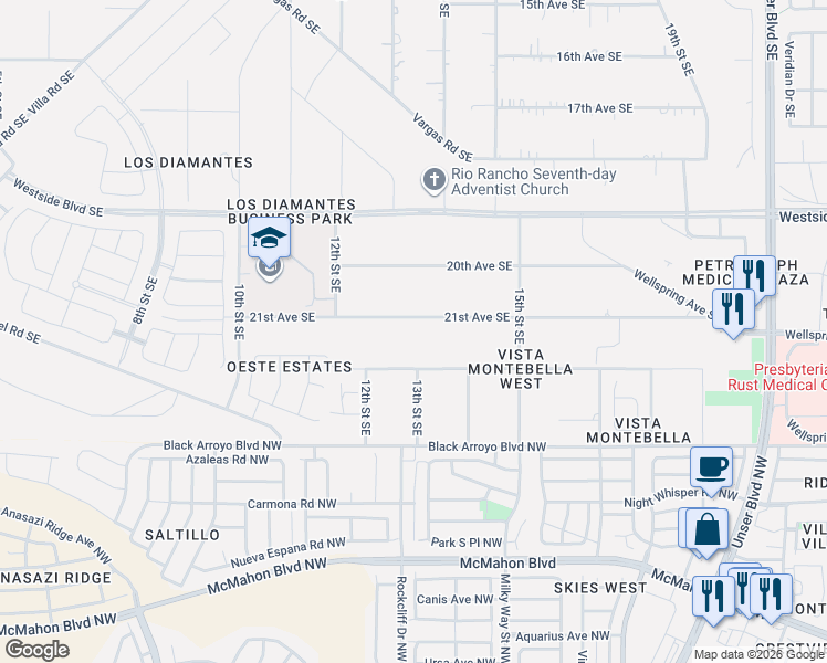 map of restaurants, bars, coffee shops, grocery stores, and more near 1308 21st Avenue Southeast in Rio Rancho